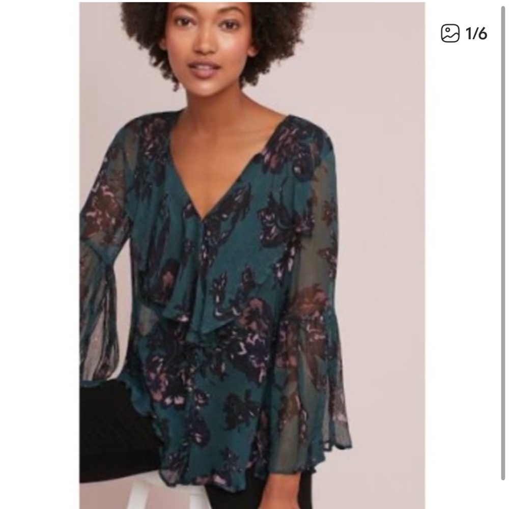 ANTHROPOLOGIE FEATHER & BONE SHEER BLOUSE 🖤 Size XS